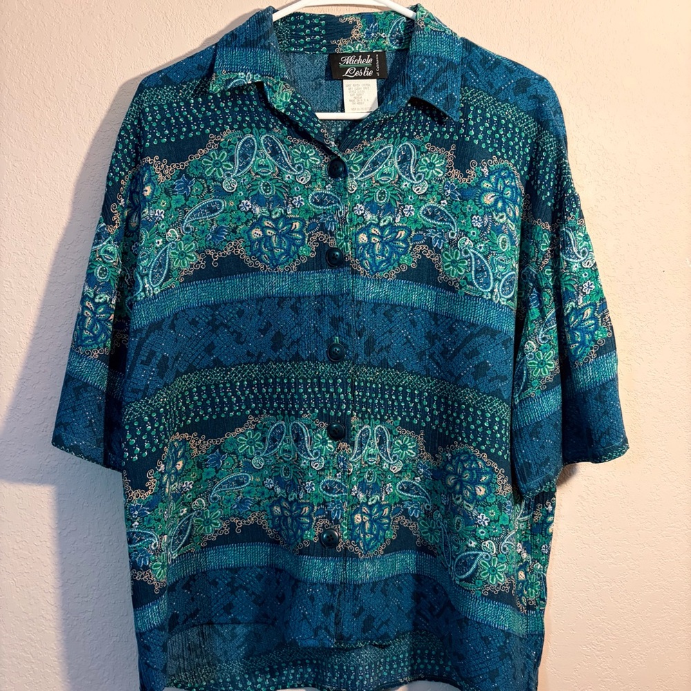 Vintage Michele Leslie Of California 2 Piece‎ Set Blue Paisley Rayon Crepon Sz M